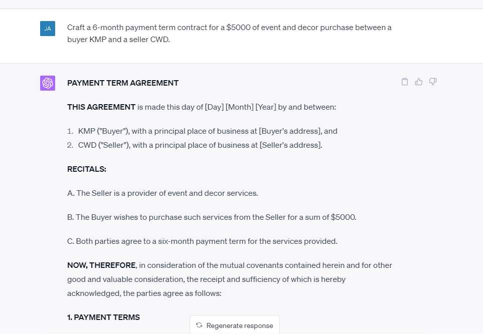 Craft a 6-month payment term contract for a 