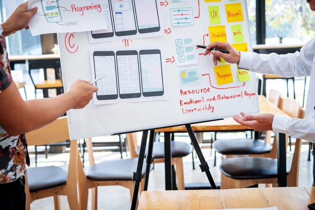 Designer team drawing website ux app development 